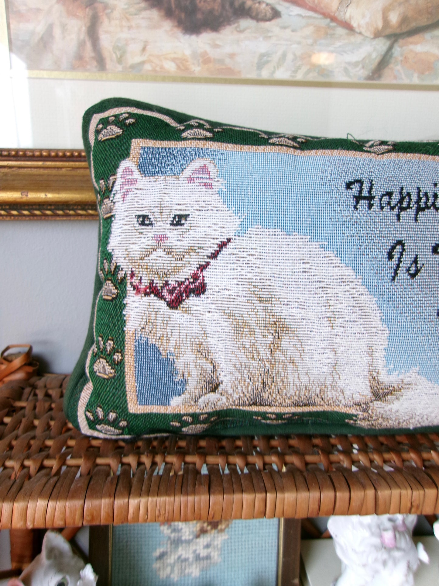 “Happiness is being owned by a cat” decorative embroidered pillow