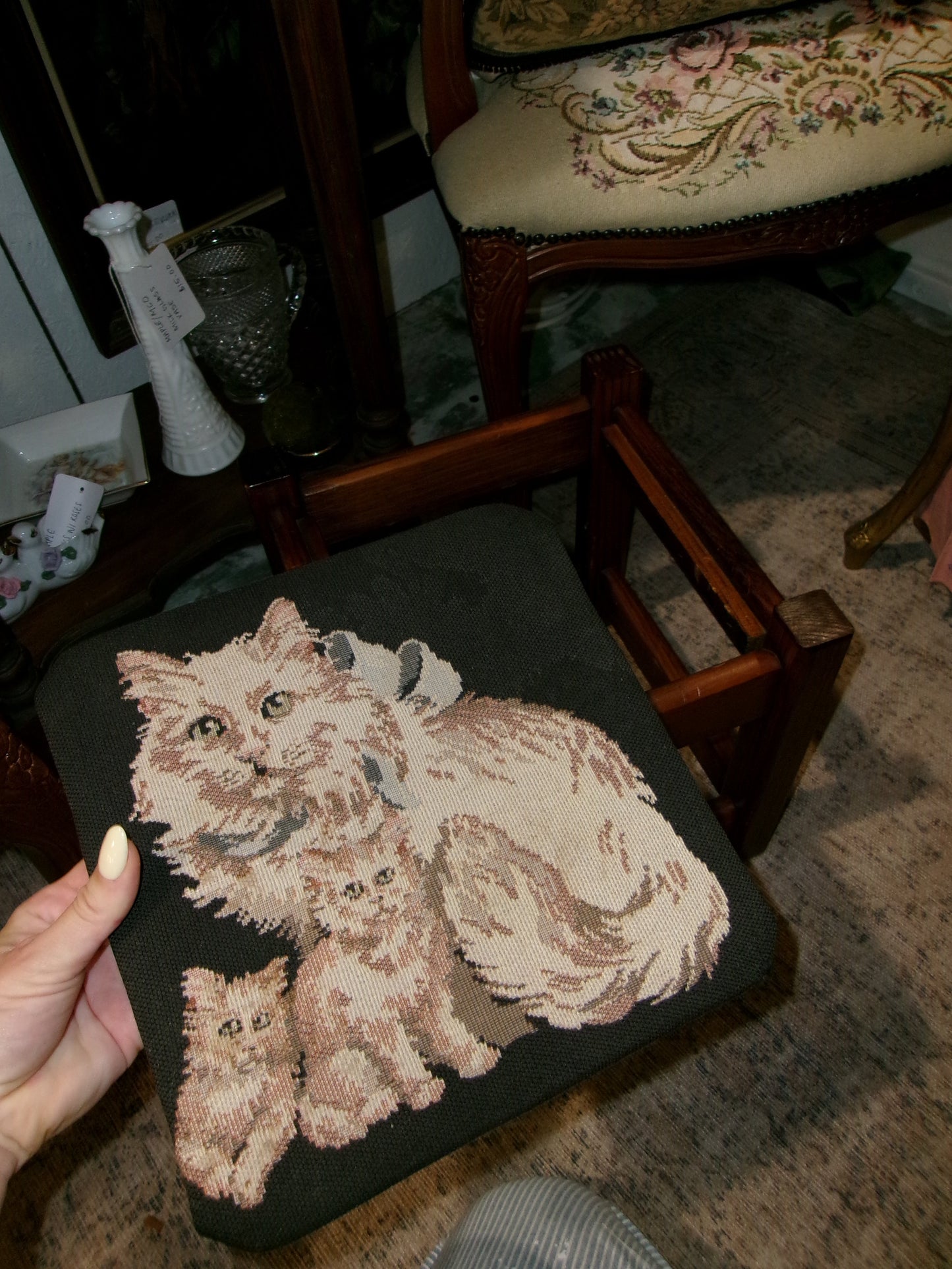 Embroidered Cat Footstool