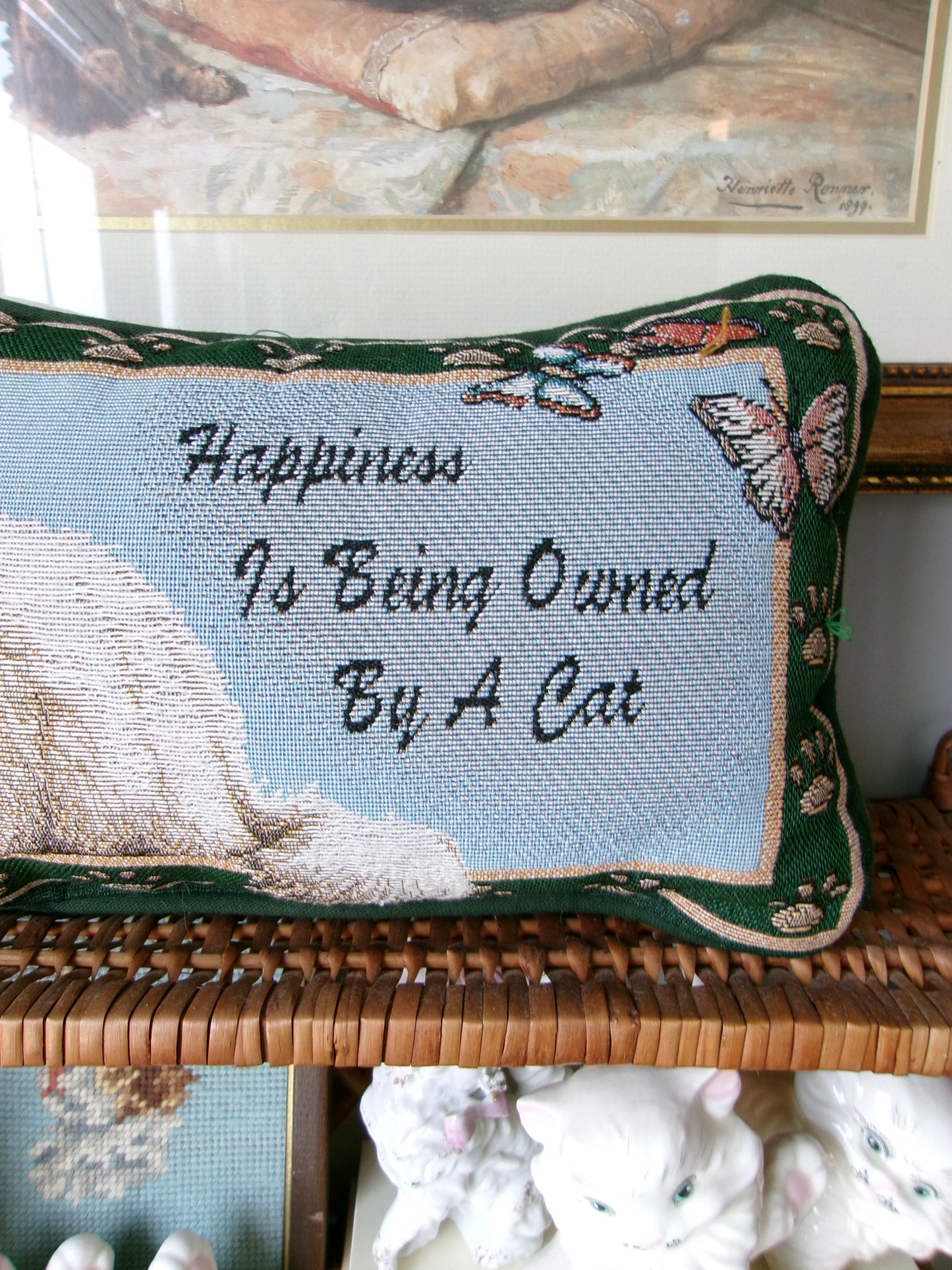 “Happiness is being owned by a cat” decorative embroidered pillow
