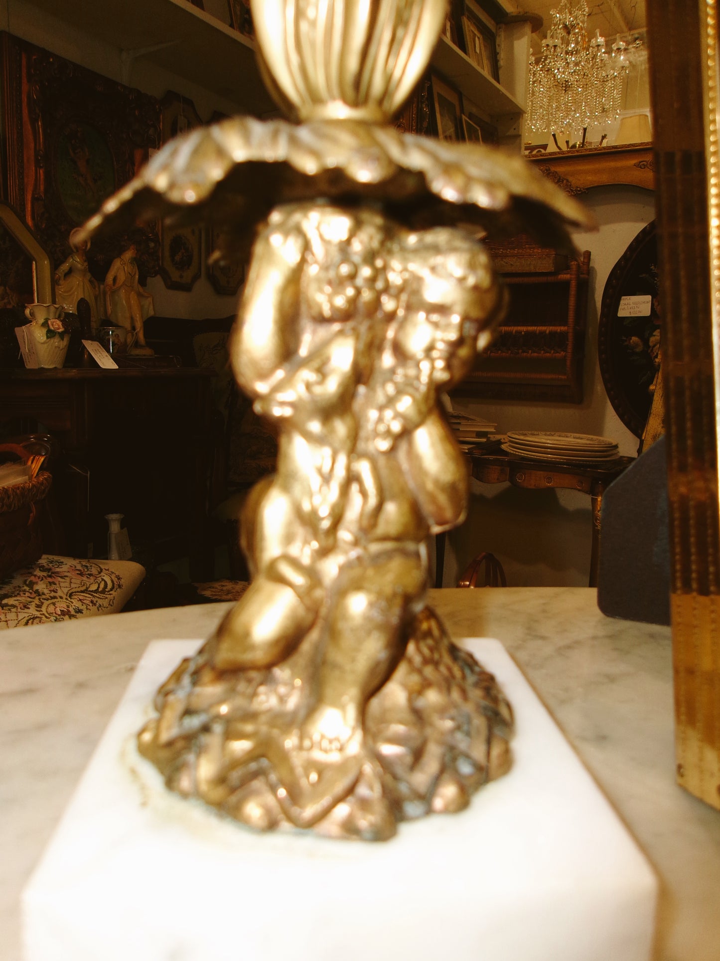 Brass & Marble Cherub Candlestick Holder