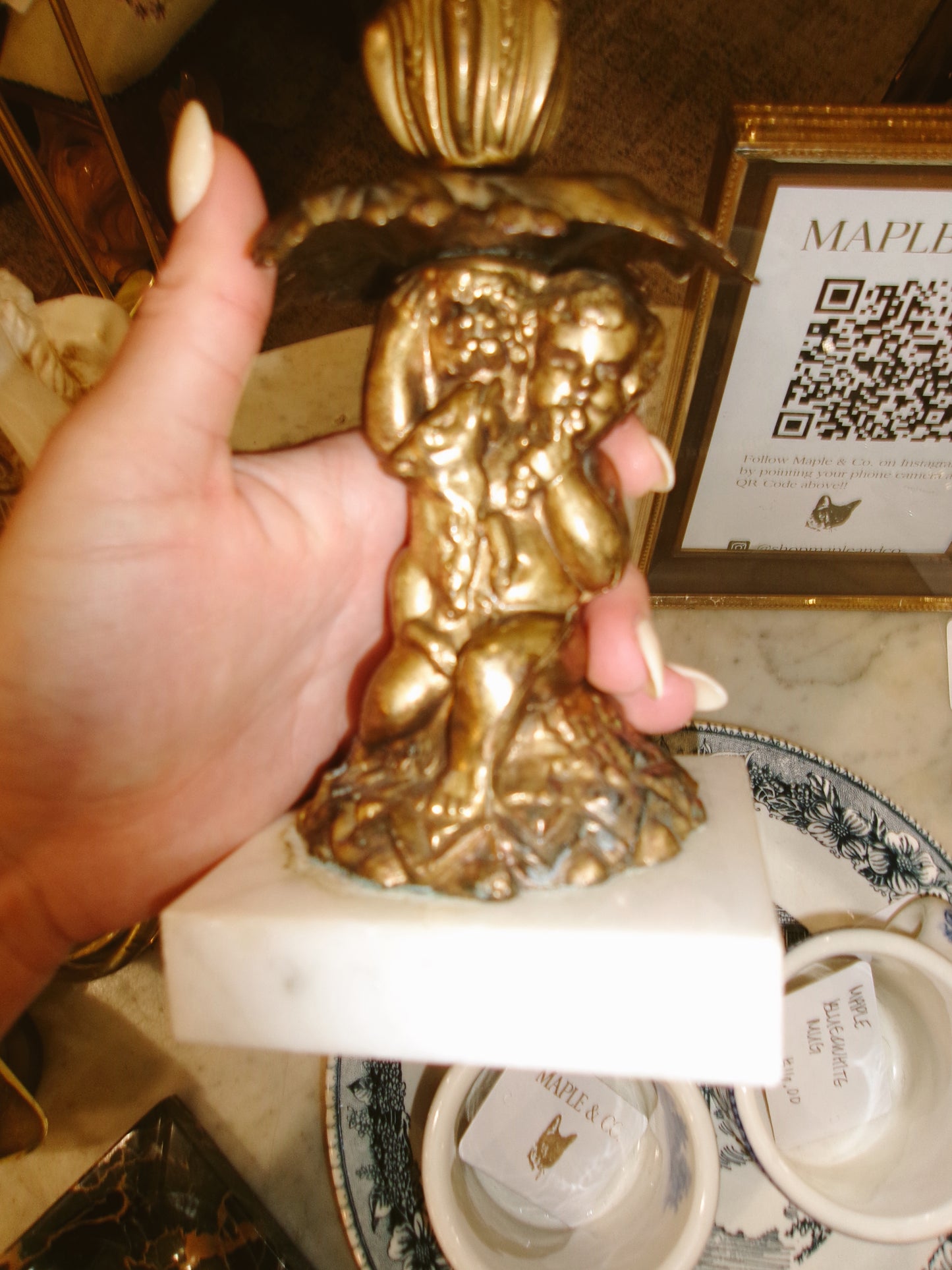 Brass & Marble Cherub Candlestick Holder