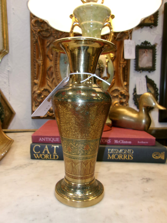 Green and Red Etched Brass Vase