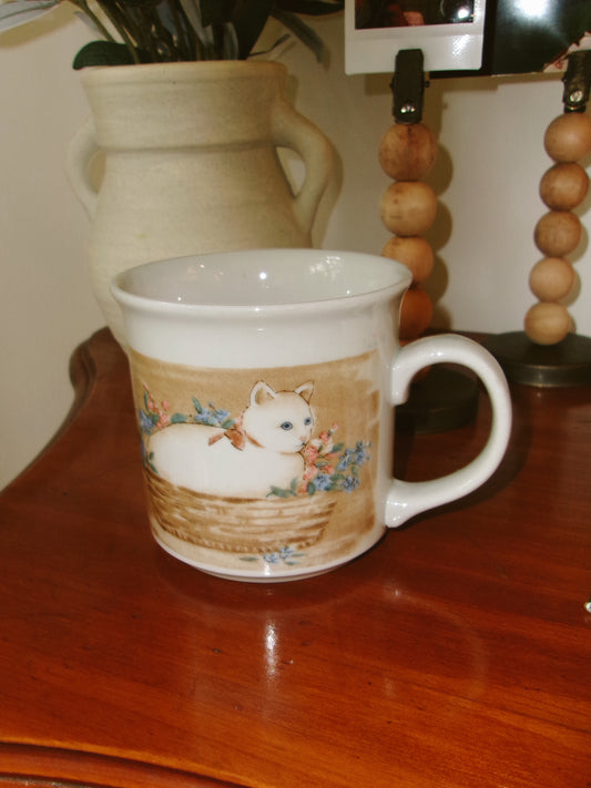 White Cat in Basket Coffee Mug