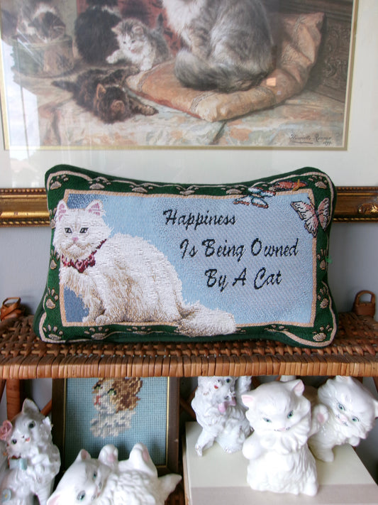“Happiness is being owned by a cat” decorative embroidered pillow
